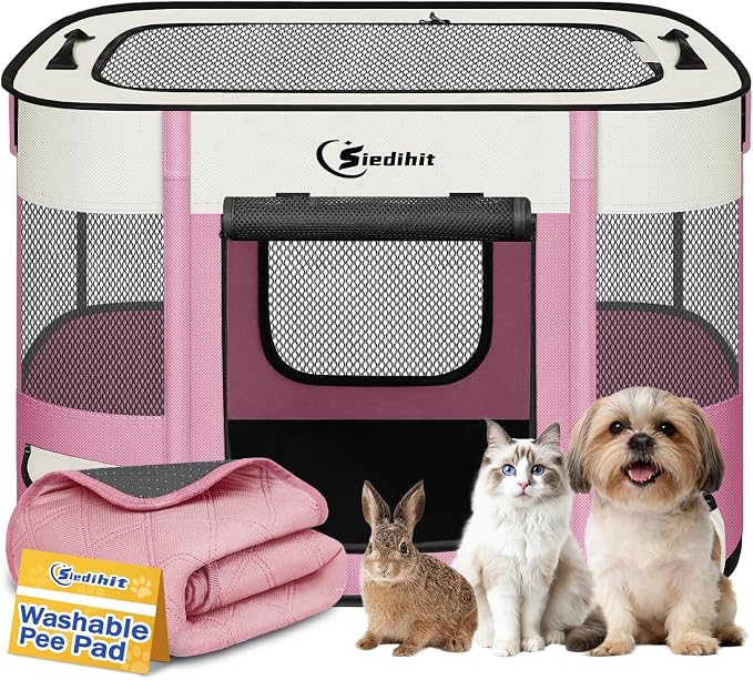 Dog & Cat Playpen with Carrying Case, Small, Pink with Pad