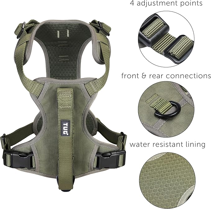 TUG Grab Dog Harness with Built-in Magnetic Traffic Leash (XL/Green) | Padded Magnetic Traffic Handle | Dual Leash Clips | 4-Point Adjustable Fit | Durable Nylon