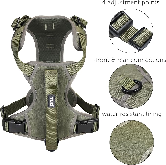 TUG Grab Dog Harness with Built-in Magnetic Traffic Leash (Large/Green) | Padded Magnetic Traffic Handle | Dual Leash Clips | 4-Point Adjustable Fit | Durable Nylon