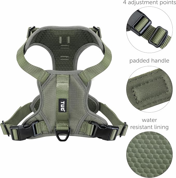 TUG No-Pull Dog Harness, 2 Leash Clips + Padded Handle (Medium, Green) | Water-Resistant Padded Interior | No-Pull Front Clip | Padded Back Handle | Adjustable Straps