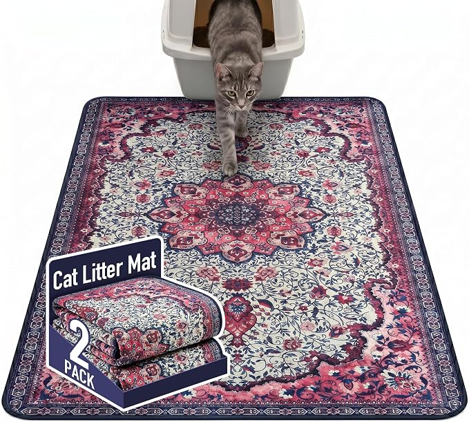 Hompet Cat Litter Mat 2 Pack, 48x72 Large Machine Washable Trapping Mats for Cats, Super Absorbent & Urine-Proof Cat Litter Box Mat for Floor, Waterproof & Non Slip Kitty Litter Rug