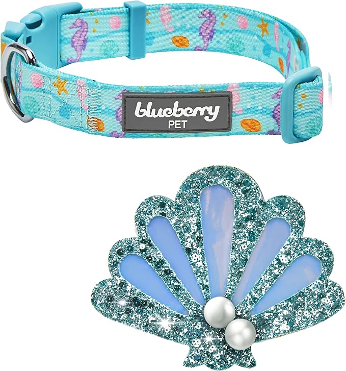 Blueberry Pet Summer Sparkle Dog Collar, Adjustable Large Size, Neck 18"-26", Turquoise, Ocean Fish and Seahorse Print Nautical Pet Collar with Detachable Seashells Accessory