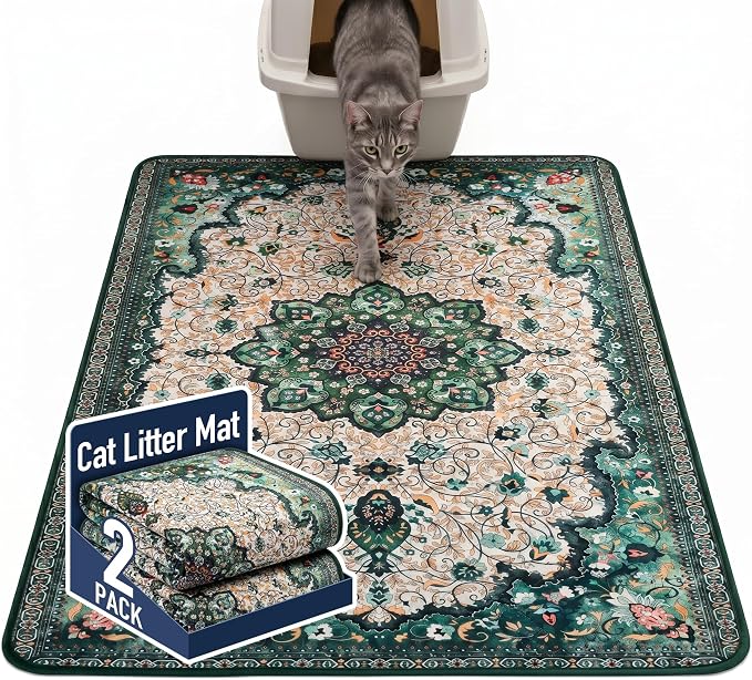 Hompet Cat Litter Mat 2 Pack, 48x60 Large Machine Washable Trapping Mats for Cats, Super Absorbent & Urine-Proof Cat Litter Box Mat for Floor, Waterproof & Non Slip Kitty Litter Rug