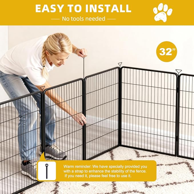 Dog Playpen, Heavy Duty Metal Fence, 32in, 8 Panels, Anti-Rust, Small/Medium