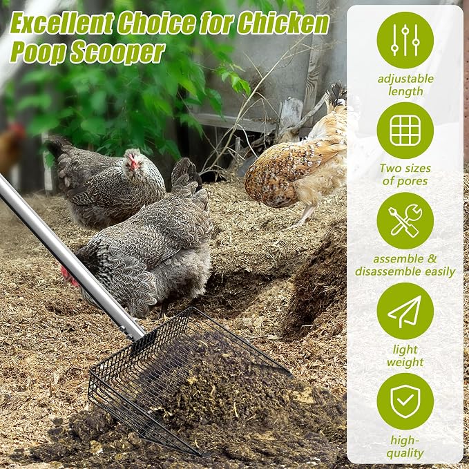 Windspeed 3 in 1 Metal Chicken Poop Scooper 10'' Wide, 61'' Long Adjustable Chicken Coop Pooper Scoop Sifting Shovel Litter for Poultry Litter Scooper Supplies (34-61 in)