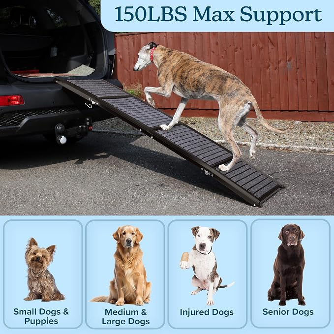Dog Ramp - 72” x 19.5” Folding Dog Ramp for Car, Truck, SUV, or RV - Portable Ramps for Large Pets with Non-Slip Rug Surface - Pet Travel Accessories by PETMAKER (Black)