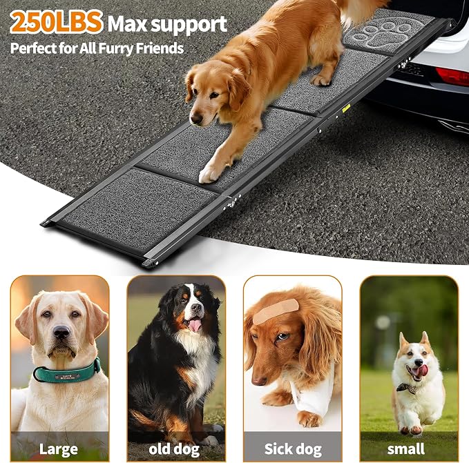 Dog Ramp for Car 63" Long & 17.3" Wide Portable Dog Ramps for Large Dogs with Non-Slip Rug Surface Dog Car Ramp for SUV Car & Truck, Outdoor Pet Ramp Folding Dog Ramp Up to 250LBS