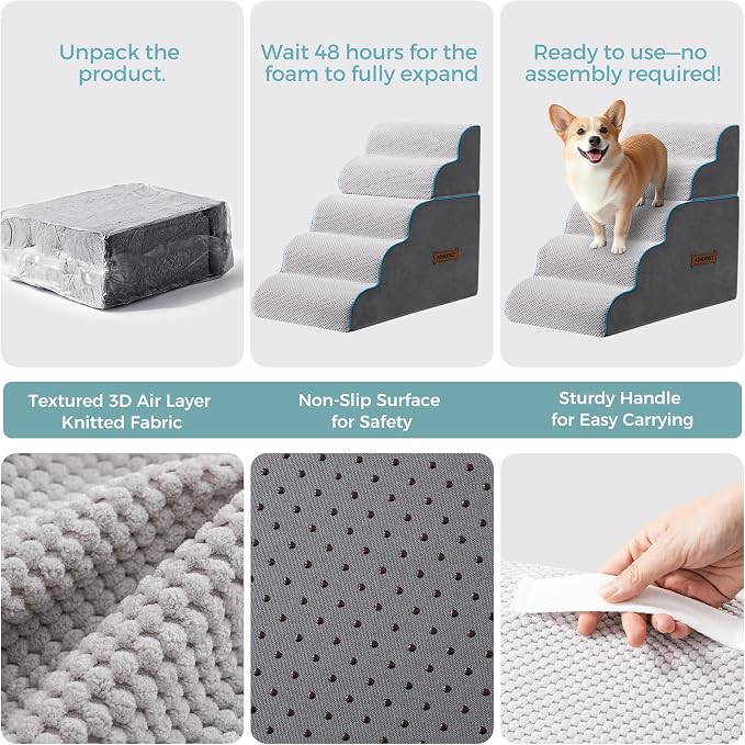 Dog Stairs, Steps and Ramp for High Bed & Sofa, 13-24" H Detachable Pet Stairs for Small Medium Dogs, Sturdy 40D Foam, Non-Slip, Washable Cover with Lint Roller, Grey