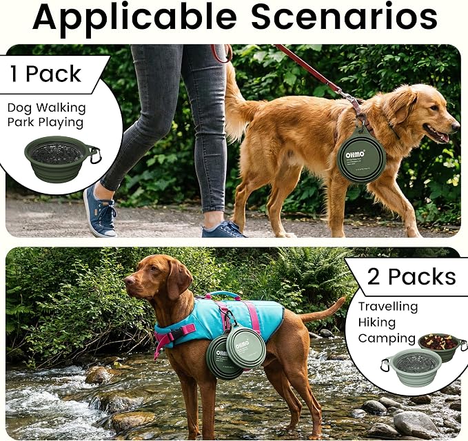 OHMO Collapsible Dog Water Bowls with Steel Ring, 2 Pack, Large 27oz/800ml
