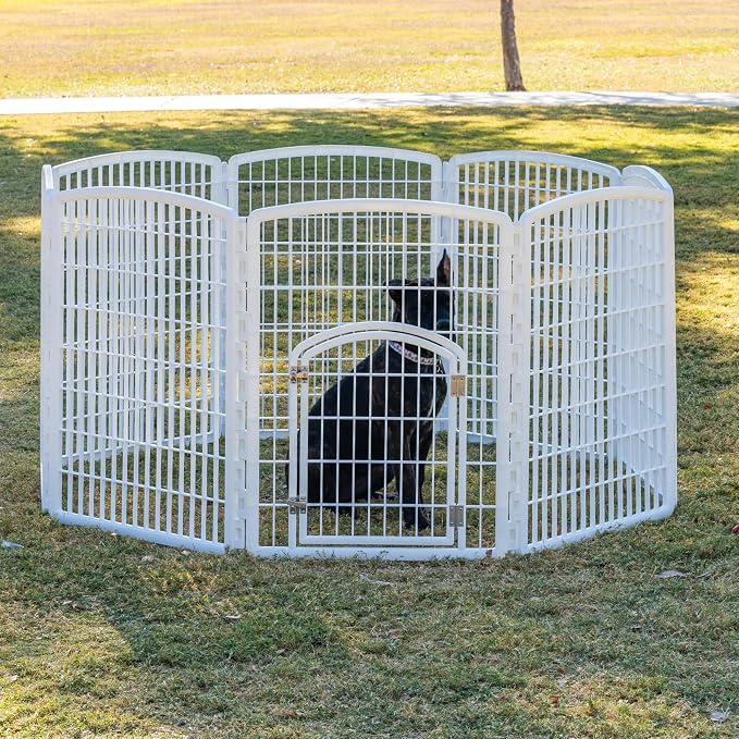 IRIS USA 34" Exercise 8-Panel Pet Playpen with Door, Dog Playpen, Puppy Playpen, Small Medium Large Dogs, Keep Pets Secure, Easy Assemble, Rust-Free, Heavy-Duty Molded Plastic, Customizable, White