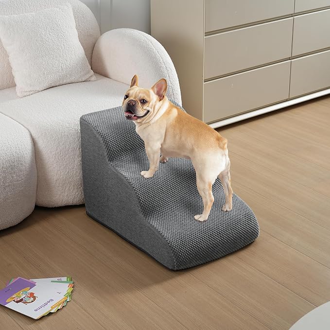 Dog Stairs, 15.7” H – 3-Step Foam Ramp for Small Dogs & Cats, Waterproof Washable Cover, Non-Slip Base, Lightweight Pet Ladder for Couch or Bed (Grey)