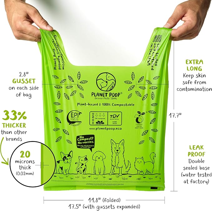 PLANET POOP Home Compostable Dog Bags 90, XL Sized Cat Litter Box Clean-up Doggy Waste Bag with Handles, Pooper Scooper Swivel Bin for Dogs Extra-Large Grocery Size Pet Supplies