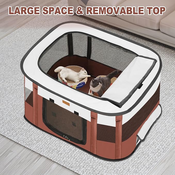 Foldable Cat & Dog Playpen with Carry Bag, Brown Small