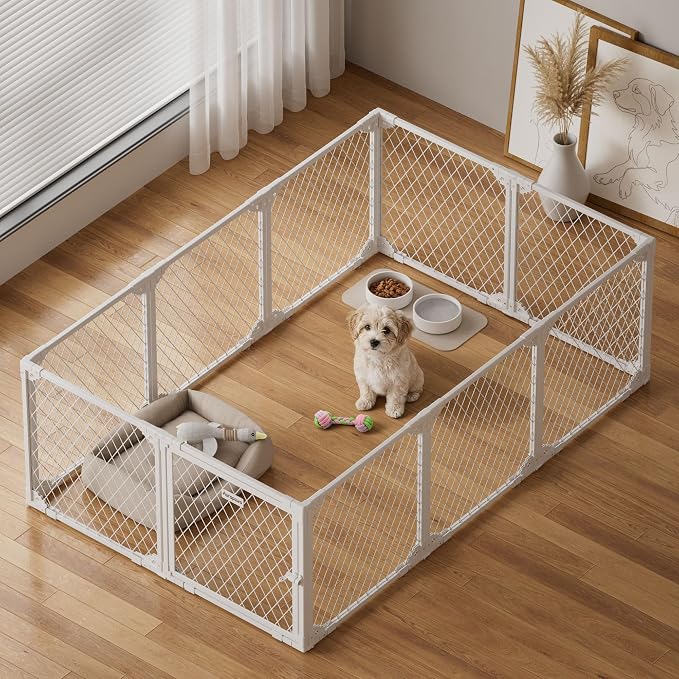 Dog Playpen Indoor - 24" Height 10 Panel Diamond Mesh Chew Resistant Puppy Playpen, Tool-Free Assembly, Dog Exercise Pen Indoors for Puppies and Small Dogs&Pets, Portable White Metal Dog Pen