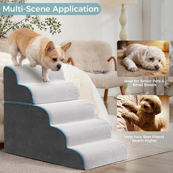Dog Stairs, Steps and Ramp for High Bed & Sofa, 13-24" H Detachable Pet Stairs for Small Medium Dogs, Sturdy 40D Foam, Non-Slip, Washable Cover with Lint Roller, Grey