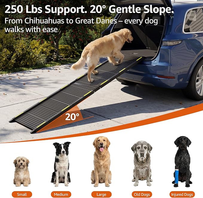 Folding Dog Ramp for Car - 67" Long x 16" Wide Portable Dog Ramps for Large Dogs, Plastic Non Slip Material for Outdoor Truck SUV Rv Camper Side Door, 250 Lbs Heavy Duty