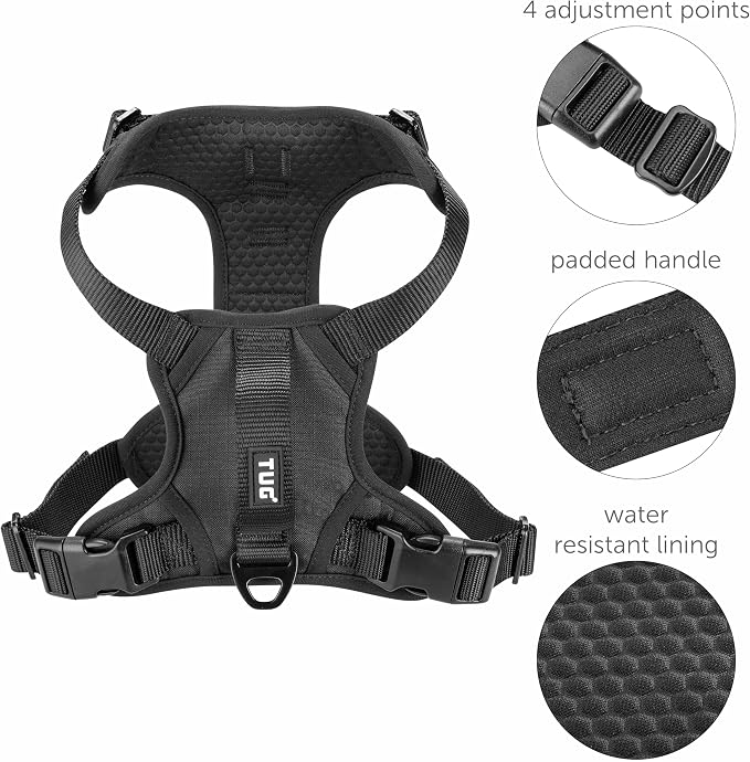 TUG No-Pull Dog Harness, 2 Leash Clips + Padded Handle (Medium, Black) | Water-Resistant Padded Interior | No-Pull Front Clip | Padded Back Handle | Adjustable Straps