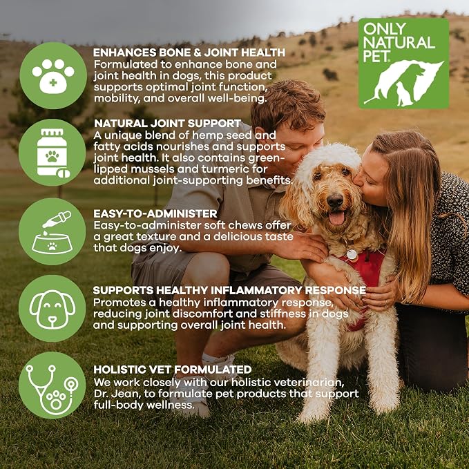 Only Natural Pet Hemp Hip & Joint Support for Dogs - Supplement for Mobility Wellness Pain Relief Healthy Inflammatory & Bone Stiffness - Chews w/Fatty Acid Blend Mussels & Turmeric - 120 Count (H/J)