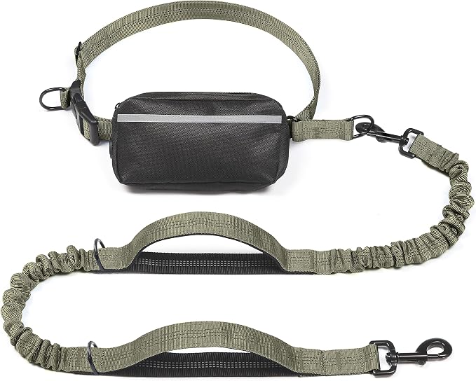 iYoShop Hands Free Dog Leash with Zipper Pouch, Large, Military Green | Waist Leash, Dual Padded Handles, Shock-Absorbing Bungee, Adjustable Waist Belt, Walking and Running