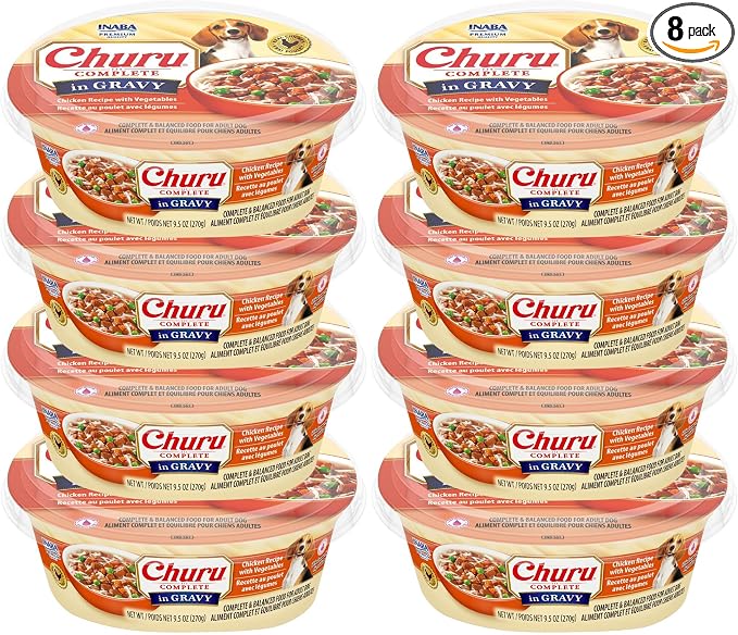 INABA Churu Complete in Gravy for Dogs, Grain-Free, High Protein, Wet Dog Food with Fish Oil, 9.5oz. Cup, 8 Cups, Chicken Recipe with Vegetables