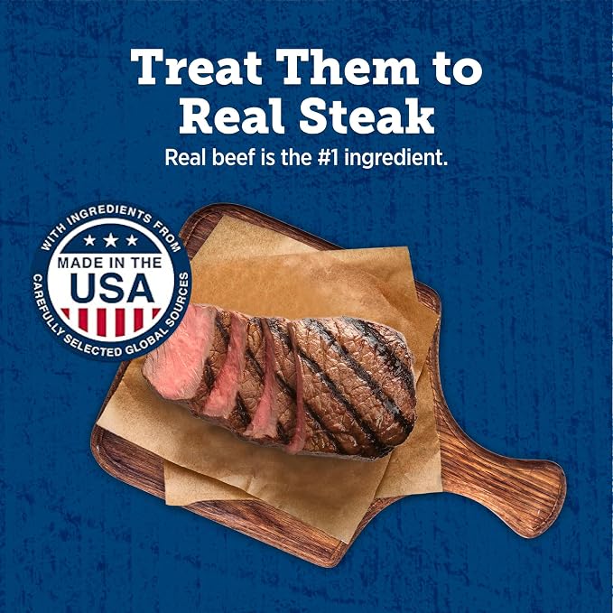 Blue Buffalo True Chews Premium Jerky Cuts with Real Steak, Chicken-Free Natural Dog Treats, Mineral-Enhanced for Flavor, 10 oz. Bag