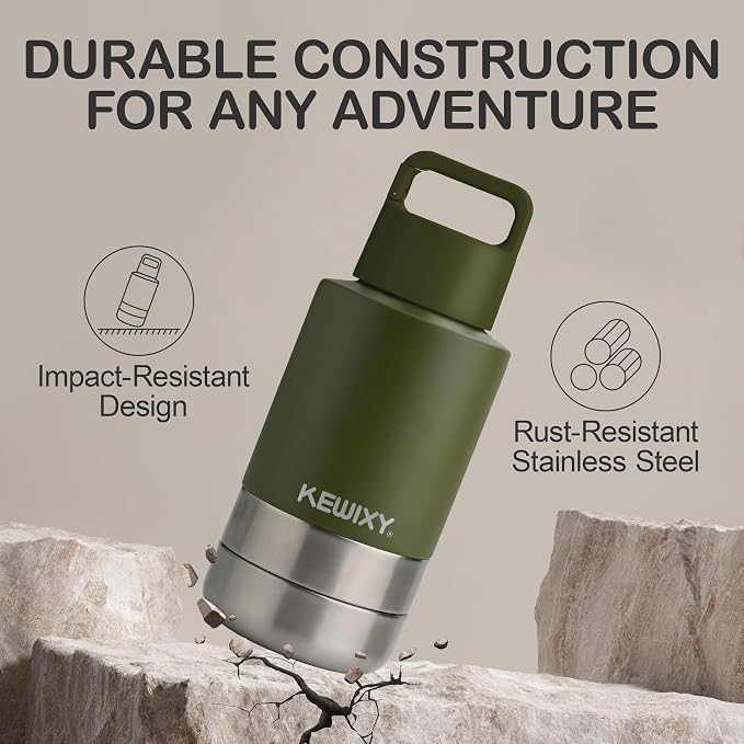 KEWIXY Insulated Dog Travel Water Bottle with Detachable Bowls, 32oz, Olive Green
