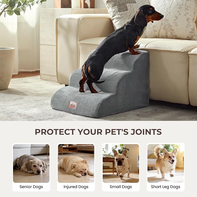 Dog Stairs for High Bed 13.5" H, 3-Step Dog Steps for Small Dogs and Cats, Pet Steps Ramp for Couch Sofa, Non-Slip Stable Indoor Pet Ladder with High Density Foam, Grey