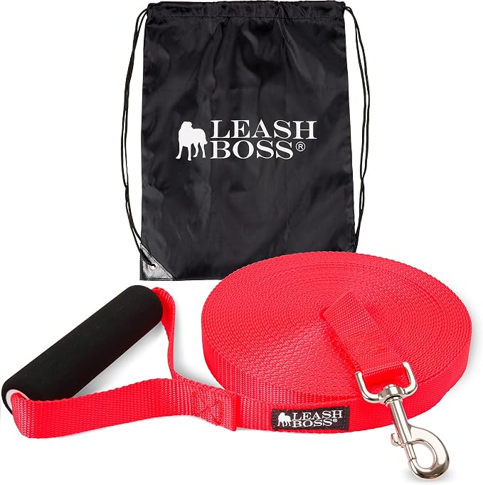 Leash Boss Free Range - Long Dog Leash for Large Dogs - 1 Inch Heavy Duty Nylon Training Lead with Padded Handle - High Visibility Orange - Extra Long Dog Leash (30 Ft)