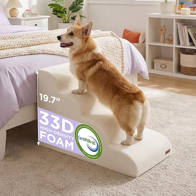 LE SURE Dog Stairs for Small Dogs Pet Steps Ramp for High Bed and Couch with CertiPUR-US Certified Foam with Non-Slip Bottom, Beige, 4 Steps
