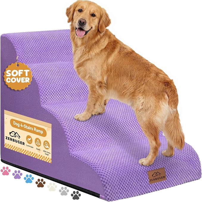 Zerbuger Dog Ramp and Stair for Bed 16" H-20 H,3-Step Cat Stair for Sofa and Chair,4-Step Dog Ramp for High Bed and Window,Durable Nonslip Fabric Cover for Indoor (Purple-20 H, Pet Friendly, 4)