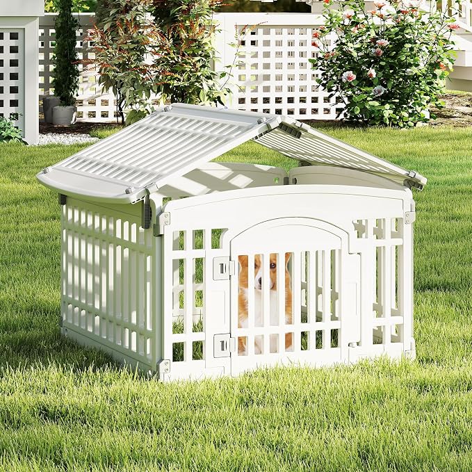 Giantex 6 Panel Dog Playpen, 24'' Tall Plastic Pet Fence with Lockable Door, Indoor Outdoor Puppy Exercise Pen for Small Medium Dogs, Configurable into Square, Rectangle or House-Shaped Layout