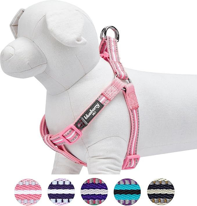 Blueberry Pet 5 Colors Step-in 3M Reflective Multi-Colored Stripe Padded Dog Harness, Chest Girth 20" - 26", Pink & White, Medium, Adjustable Harnesses for Dogs