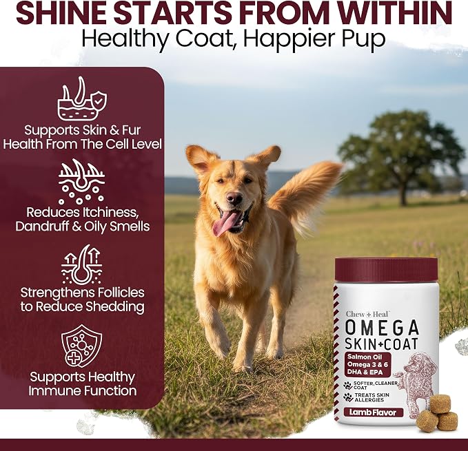 Omega 3 Fish Oil for Dogs, Lamb Flavor - 180 Soft Chews for Skin and Coat
