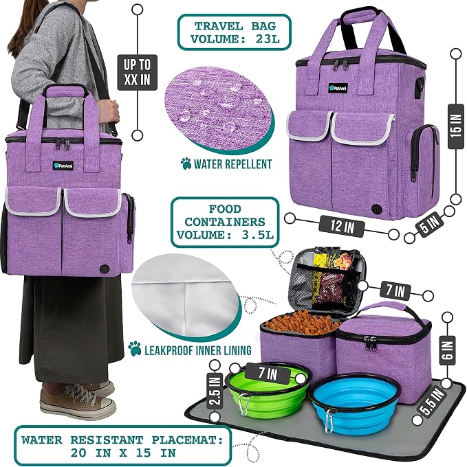 PetAmi Dog Travel Bag Organizer with Food Containers & Bowls, Purple