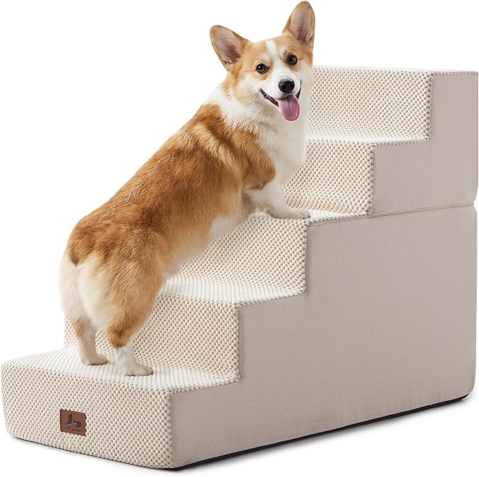 Dog Stairs for Small Dogs 22.5" H, 5-Step Dog Steps for High Bed and Couch, Pet Steps Ramp for Puppy and Cats, Non-Slip Stable Indoor Pet Ladder for Sofa and Chair, Beige