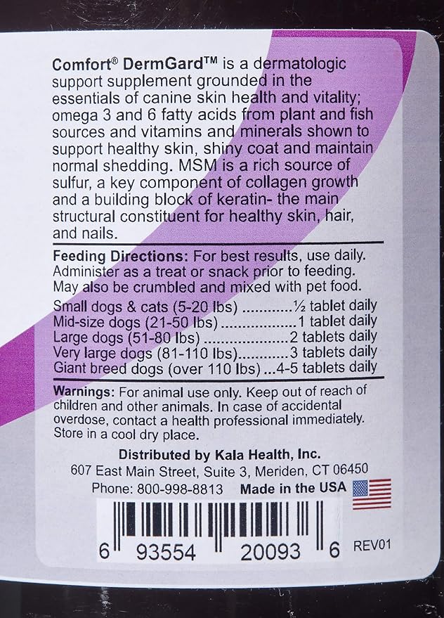 Kala Health Comfort DermGard Skin and Coat Supplement for Dogs, 150 Count