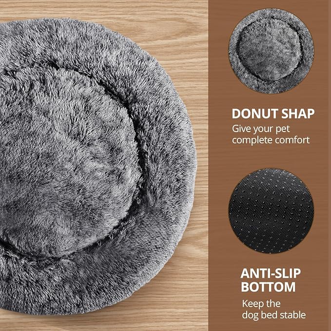 JOLLYVOGUE 23" Calming Donut Dog & Cat Bed, Smoke Black