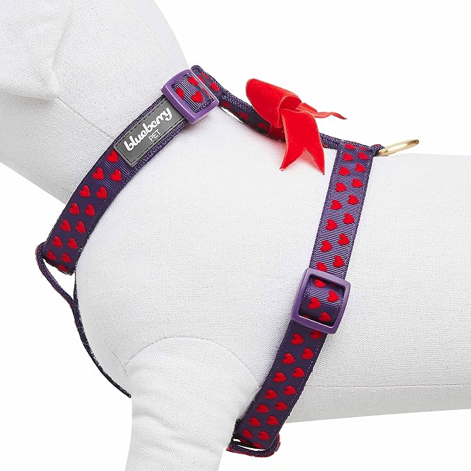 Blueberry Pet H-Shape Dog Harness Heart Flocking Valentine’s Day Adjustable Harnesses with Velvety Bowtie for Small Dogs, Gothic Grape, Chest Girth 17.75" - 21.25"