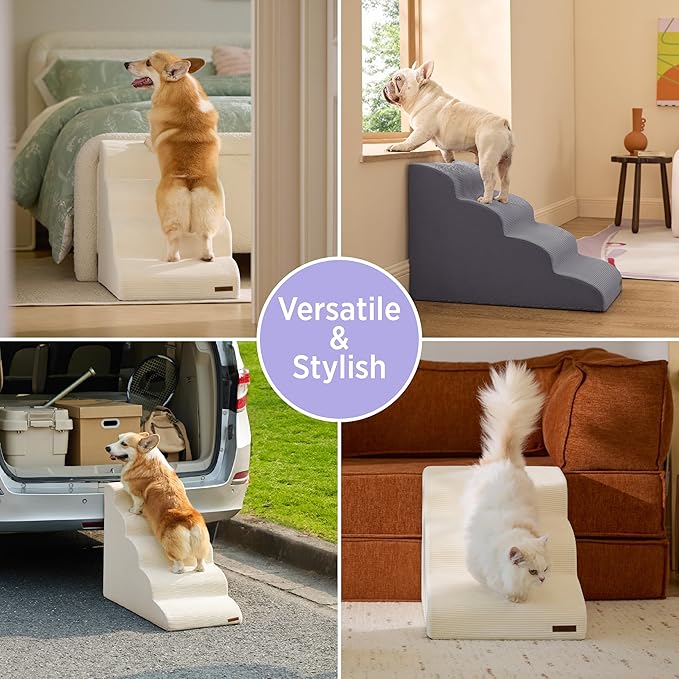 Lesure Dog Stairs for Small Dogs and Cats Pet Steps Ramp for Bed and Couch with CertiPUR-US Certified Foam with Non-Slip Bottom, Grey, 3 Steps