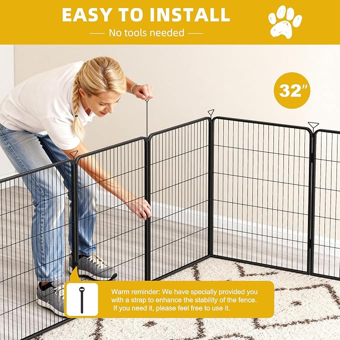 Heavy-Duty Iron Dog Playpen, Outdoor/Indoor, 32in, 8 Panels, Black Silver