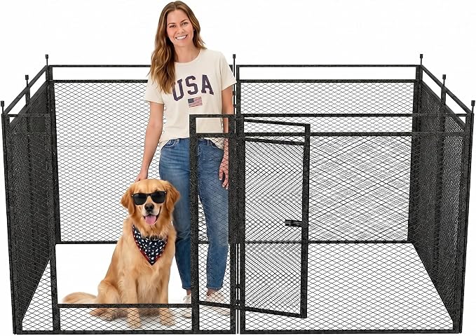 Dog Playpen with Safety Mesh, 32in 8 Panels, Black-Silver