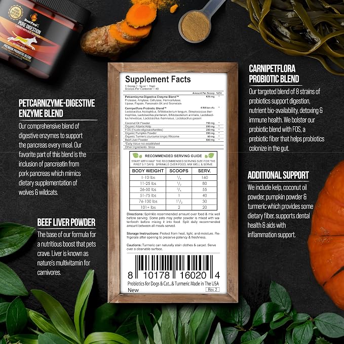 Best Paw Nutrition Probiotics for Dogs | Digestive Enzymes and Probiotics Powder | Beef Liver Flavor | Pumpkin, Turmeric and Prebiotic FOS | Gut Health Food Topper for Dogs and Cats | 6.5oz