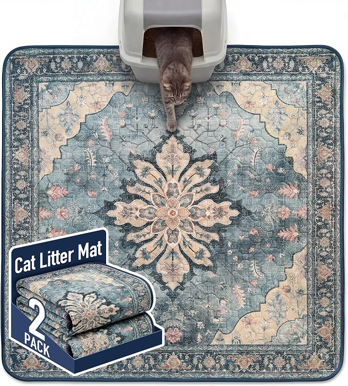 Hompet Cat Litter Mat 2 Pack, 54x54 Large Machine Washable Trapping Mats for Cats, Super Absorbent & Urine-Proof Cat Litter Box Mat for Floor, Waterproof & Non Slip Kitty Litter Rug