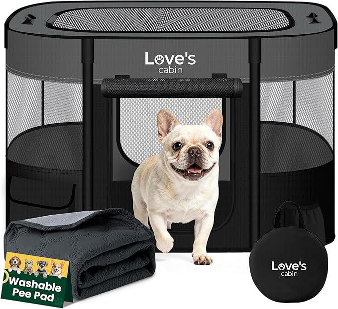 Love's cabin Dog & Cat Playpen with Carrying Case, Small, Grey with Pad