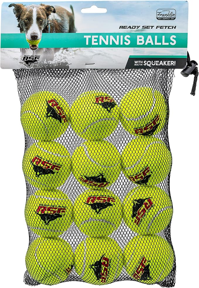 Franklin Sports Ready Set Fetch Squeaker Tennis Ball Dog Toy - 12 Pack | Fun Noise-Making Feature, Tough + Durable Build, Ideal For Small To Large Pets, Great For Active Play, Park + Yard Fun