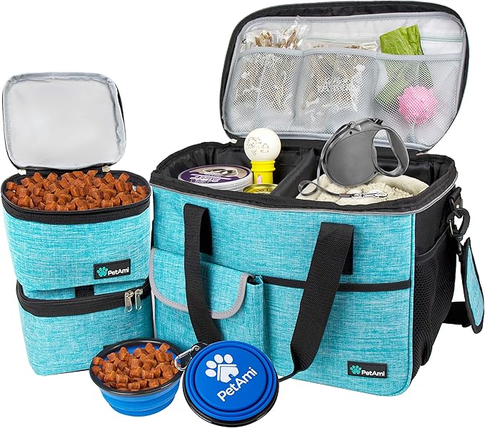 PetAmi Dog Travel Bag Organizer with Food Container & Bowls, Sea Blue, Medium