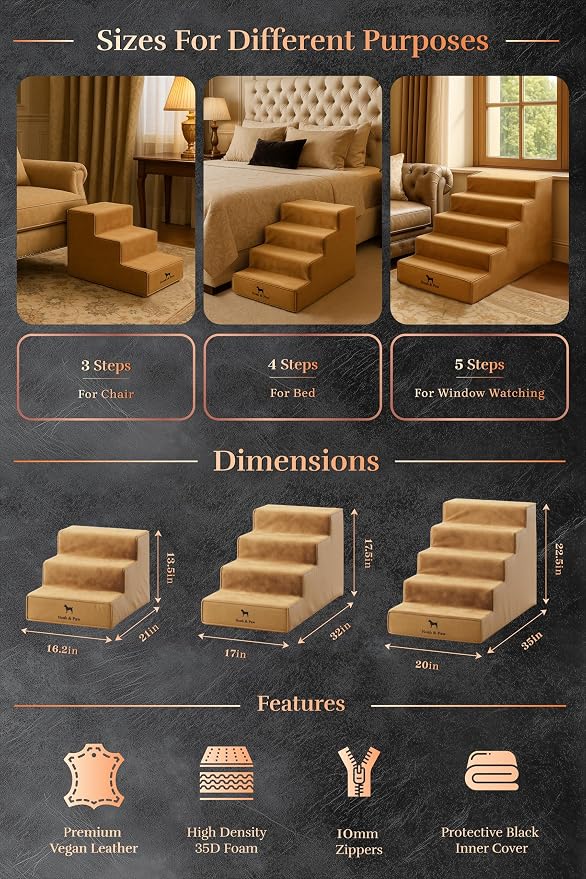 Noah & Paw Dog Stairs, Dog Ramp for Bed (17" Extra Wide) Pet Stairs for High Bed, Design to Fit Small and Large Breeds, Durable 4 Pet Steps for Couch (35 Foam Density) Leather Collection