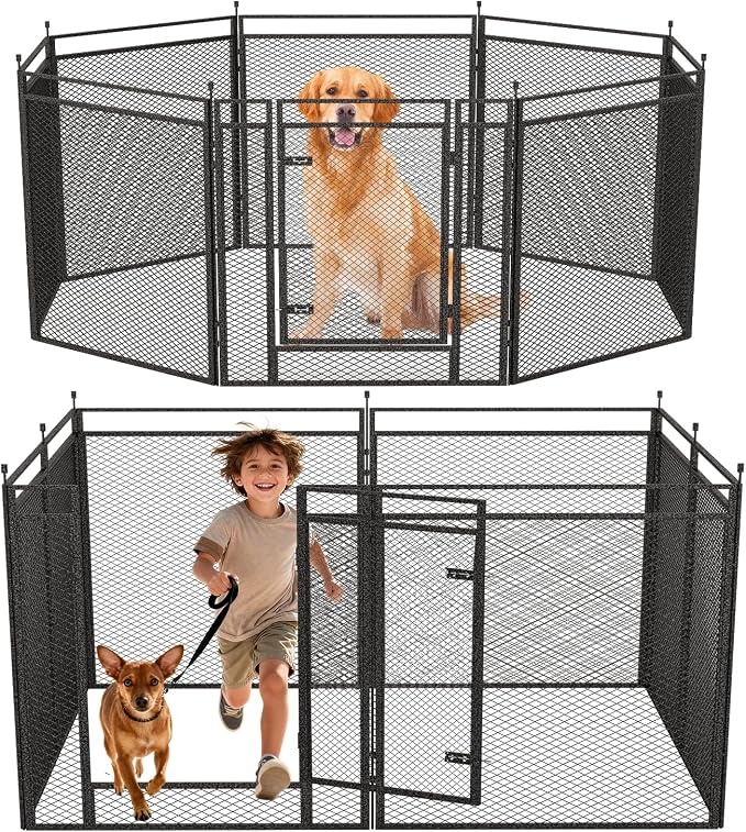 Dog Fence with Safety Mesh, 40in 8 Panels, Black-Silver