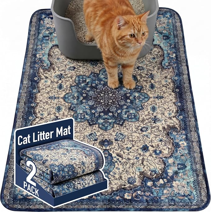Hompet Cat Litter Mat 2 Pack, 24x36 Large Machine Washable Trapping Mats for Cats, Super Absorbent & Urine-Proof Cat Litter Box Mat for Floor, Waterproof & Non Slip Kitty Litter Rug