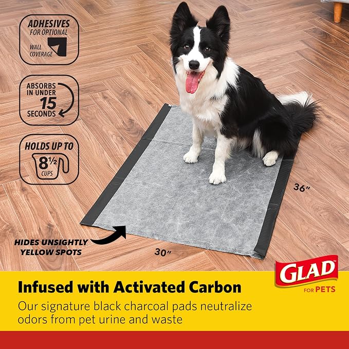 Glad for Pets Day to Night Activated Carbon Puppy Training Pads, Odor Control Disposable Dog Pads with Adhesive and Wall Protection, Leak Proof and Super Absorbent, 30 x 36 Inch, 24 Count - 6 Pack